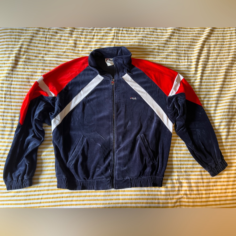 FILA vintage velour jacket blue red sports 80s 1980s XXL XL cool hipster zip up